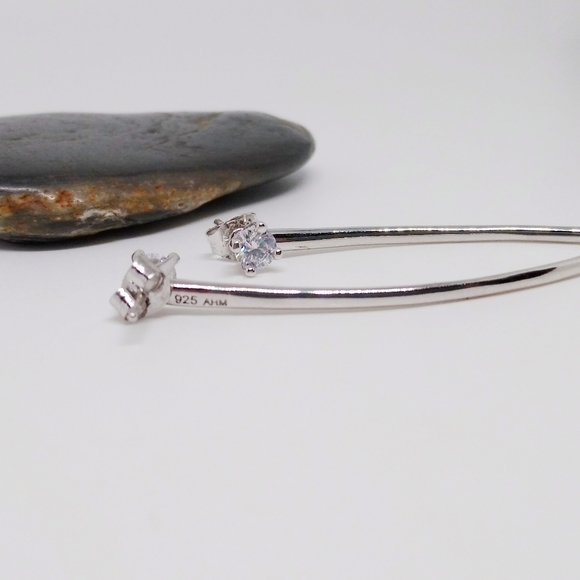 CZ Curve Bar Dangle Earrings | 925 Sterling Silver - Picture 4 of 8